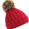 BEECHFIELD Grof Gebreide Wintermuts Rood Met Bruine Pompon Voor Dames