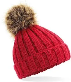 BEECHFIELD Grof Gebreide Wintermuts Rood Met Bruine Pompon Voor Dames