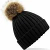 Beechfield Dames Muts Met Pompon Zwart