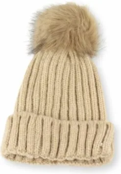Orange85 Muts Dames Met Pompon Beige Winter Gestreept