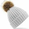 Beechfield Winter Muts Met Pompon Lichtgrijs